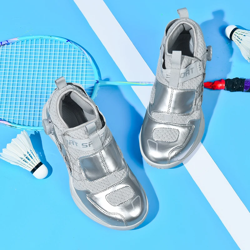 Men's Badminton Shoes with Rotary Buckle, Breathable Non-Slip Sport Sneakers for Tennis Training, Lightweight Indoor Court Footw