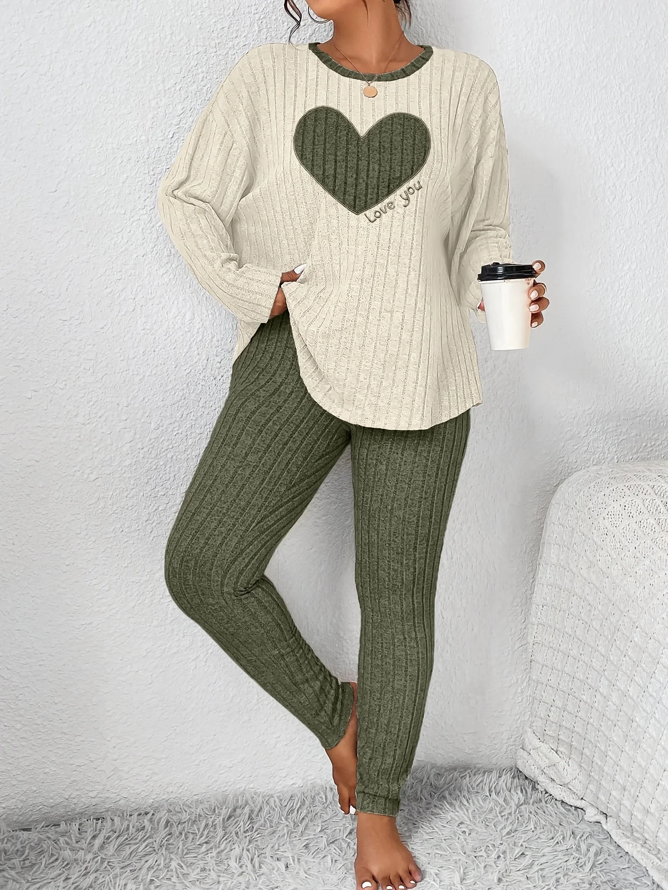 

Large size love embroidery slim-fitting long-sleeved trousers loungewear set