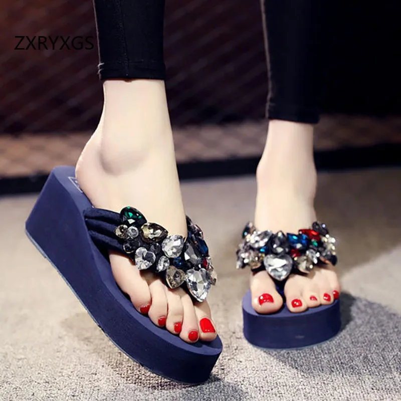 ZXRYXGS Mixed Colors Classic Rhinestone Flip Flops Women Sandals 2024 New Summer Platform Wedges Slippers Shoes Large Szie 42