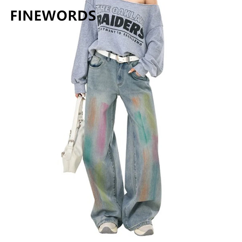 FINEWORDS Vintage Casual Korean Printed Jeans Women Streetwear Rainbow Graffiti Jeans Easymatch Wide Leg Denim Baggy Pants