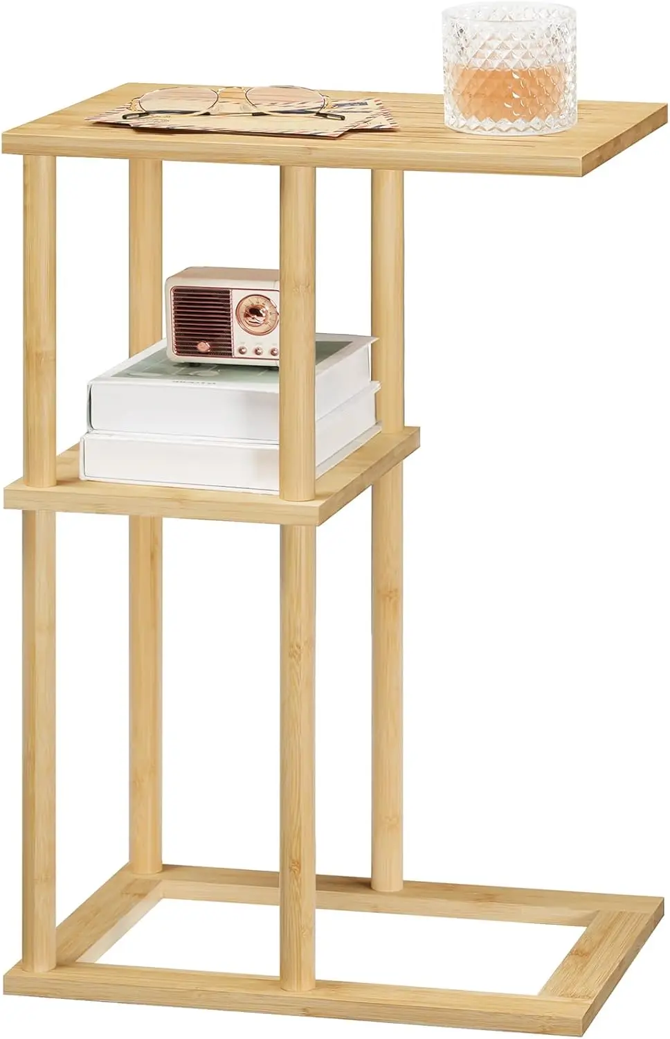 C Shape End Table with Storage Shelf Slim Nightstand Bedside Table for Bedroom 3 Tier Couch Side Table for Small Space Bamboo