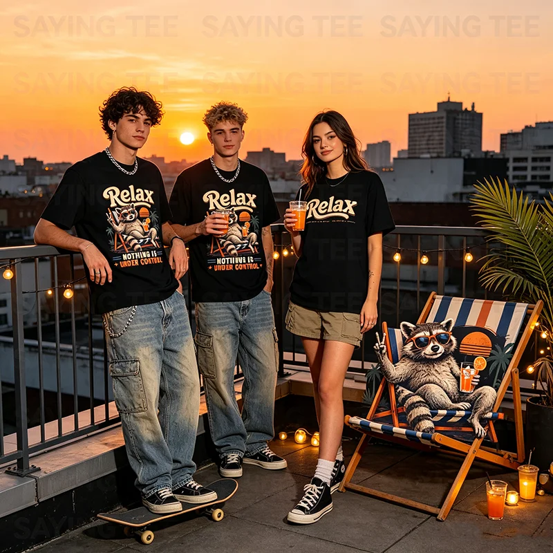 Entspannen Sie sich, alles ist unter Kontrolle, T-Shirt mit Waschbär-Motiv, Y2k Lifestyle, Urlaubskleidung, Damen, Herren, Outdoor, Urlaub, Spruch-T-Shirt, Outfit – Detail 5