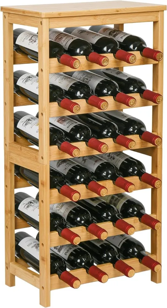 

Wine Rack Free Standing Floor, 6-Tier Display Wine Storage Shelves with Table Top, 24-Bottle Bamboo Wine Rack Shelf for Kitchen