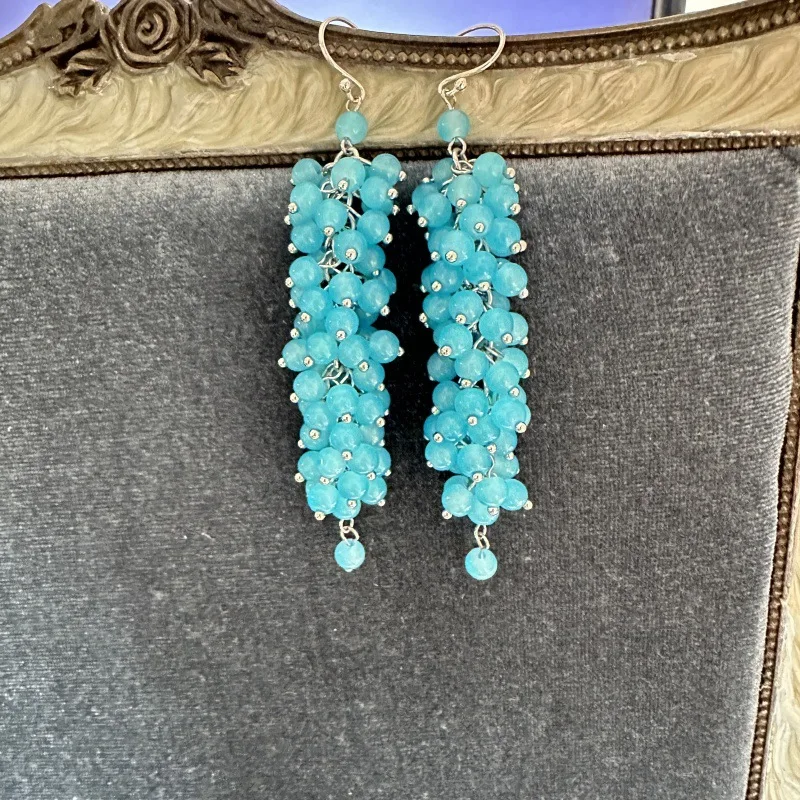 

Autumn Winter New Arrival Handmade New Chinese Style Favorite Sea Royal Blue Grape Shape Bunch Fruit Tassel Earrings for Women