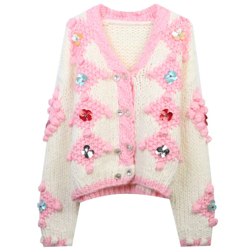 2023 Spring Summer Womens Sweater Cardigan Pink Blue Sequins