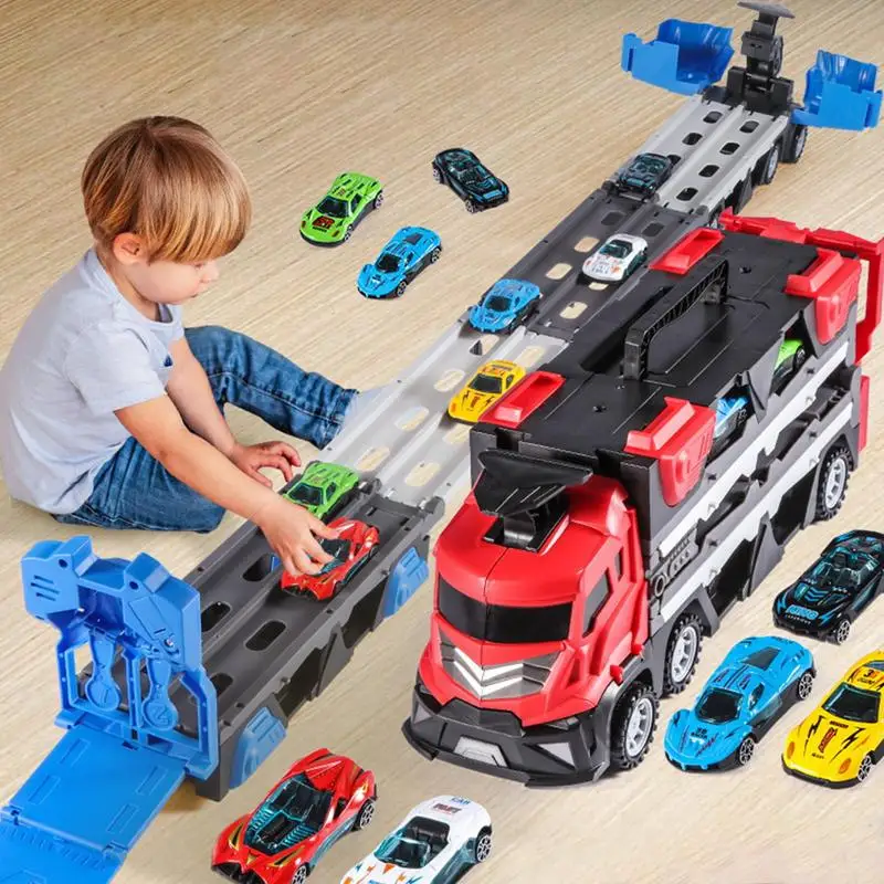 Mega Hauler Truck With Race Track Foldable Car Transporter Truck Toys Catapulting Toy Car Hauler With 6 Alloy Racing Car For Kid