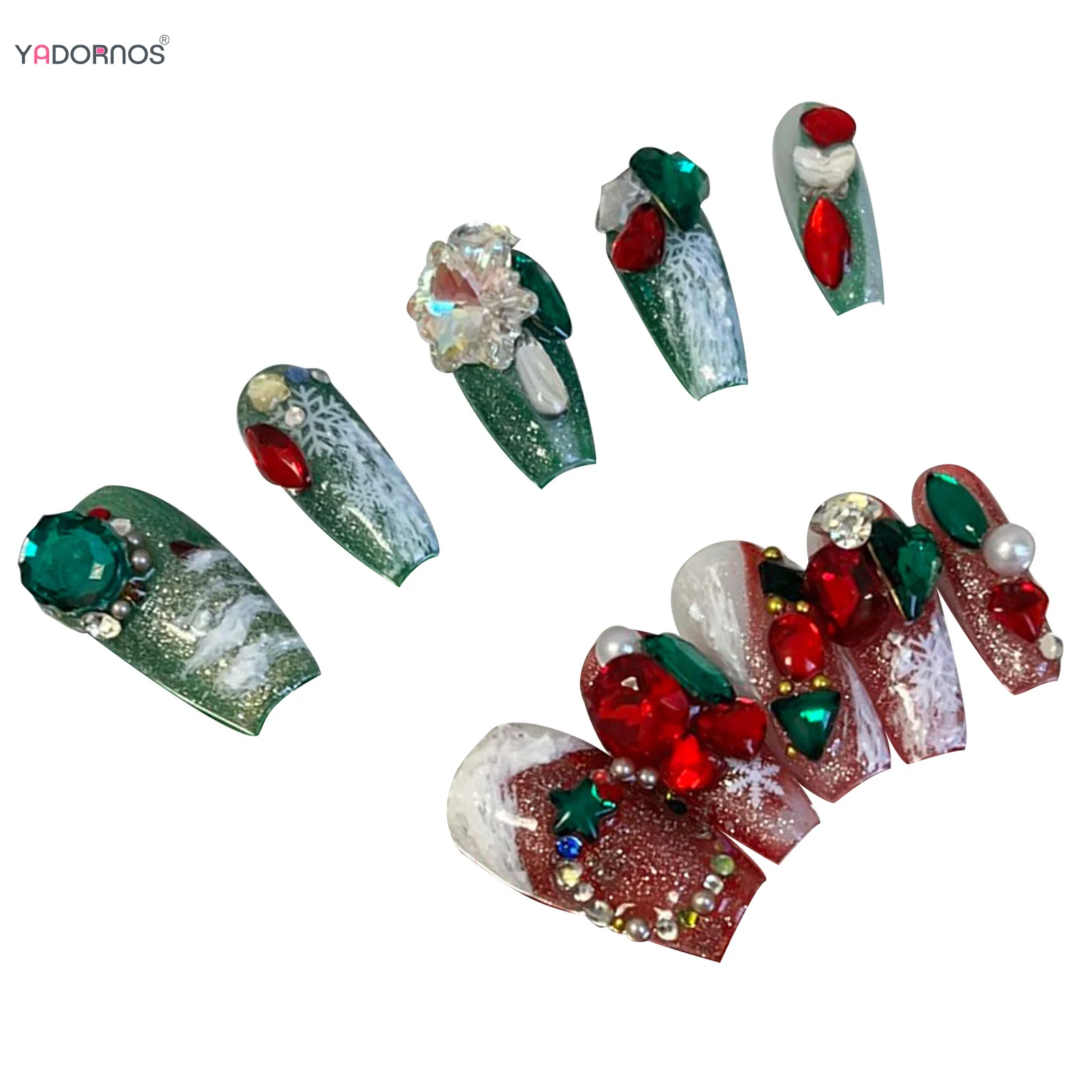 Handmade Press On Nails com Floco de Neve, Verde, Vermelho, 3D, Brilhante, Diamond Designs, Wearable, Manicure, DIY, Natal, 10Pcs