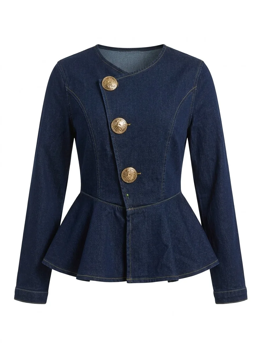 Modigirl Women Denim Peplum Top Collarless Round Neck Long Sleeve Asymmetric Button Fitted Waist Shirt Elegant Office Blouse
