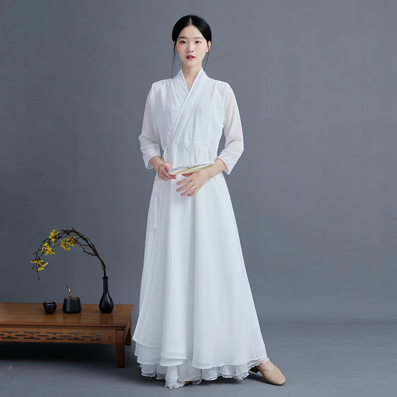 Chiffon Chinese Style Hanfu Dress Cheongsam Women Modern Improve Eleganti Long Qipao Spring Autumn Vintage Female Zen Clothing