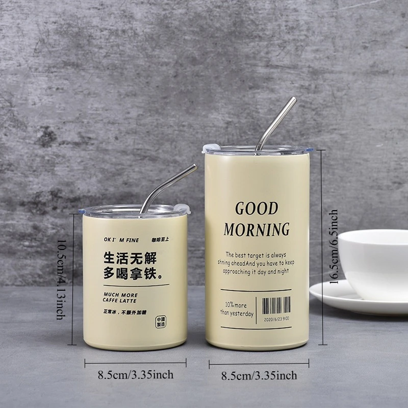 كوب قهوة للسفر مع غطاء وقش، كوب ترمس محمول من الفولاذ المقاوم للصدأ، زجاجة مياه محمولة مانعة للتسرب