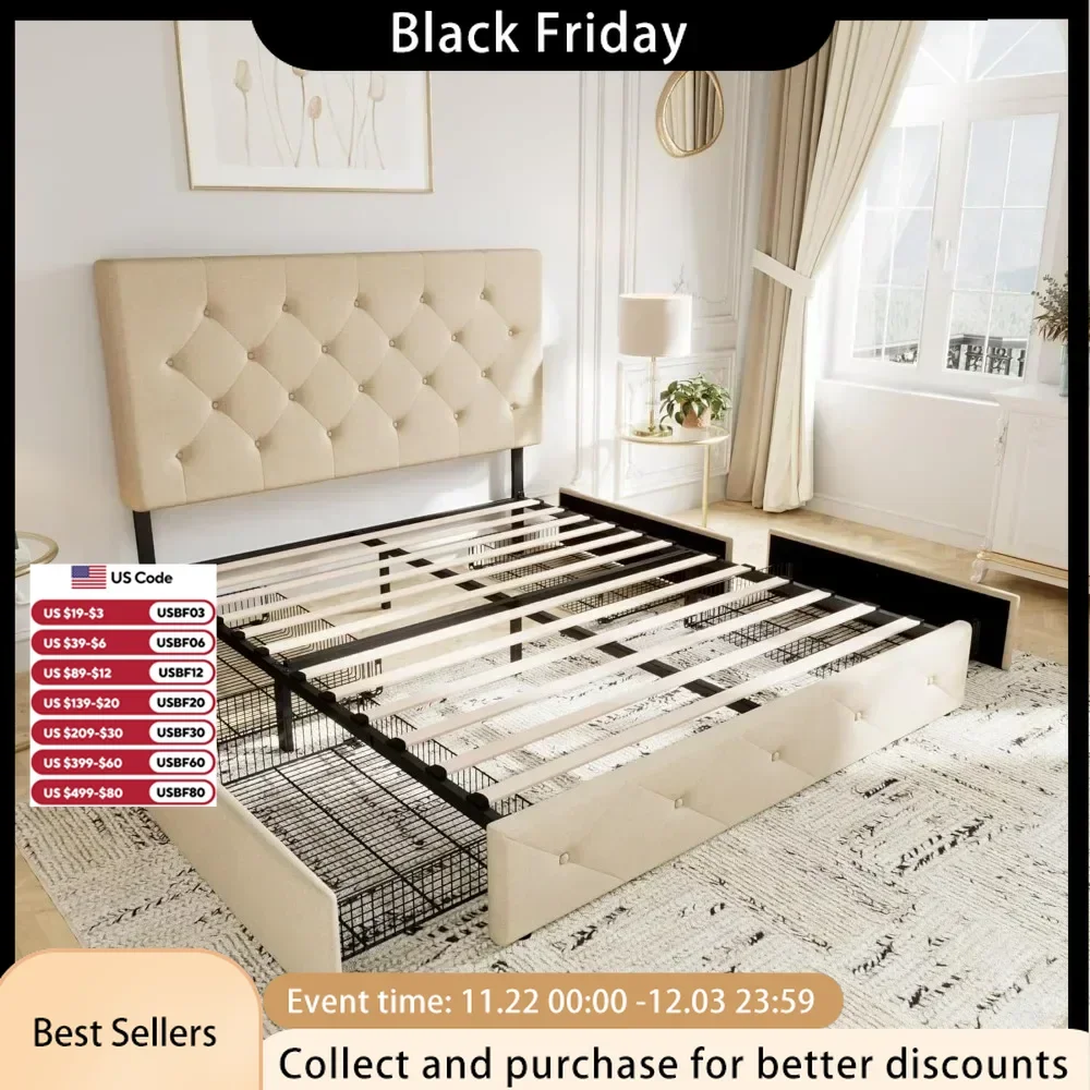 King Size Platform Bed Frame w 4Storage Drawers and Headboard,Mattress Foundation w Wooden Slats Support,No Box Spring Needed