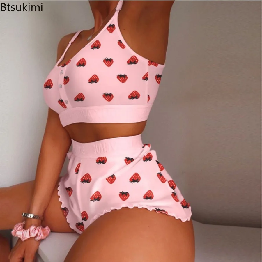 

Y2K Fashion Print Two Piece Sets 2024 Women's Summer Outfit Spaghetti Strap Crop Top and Shorts Pajamas Suit Sexy Homewear Femme