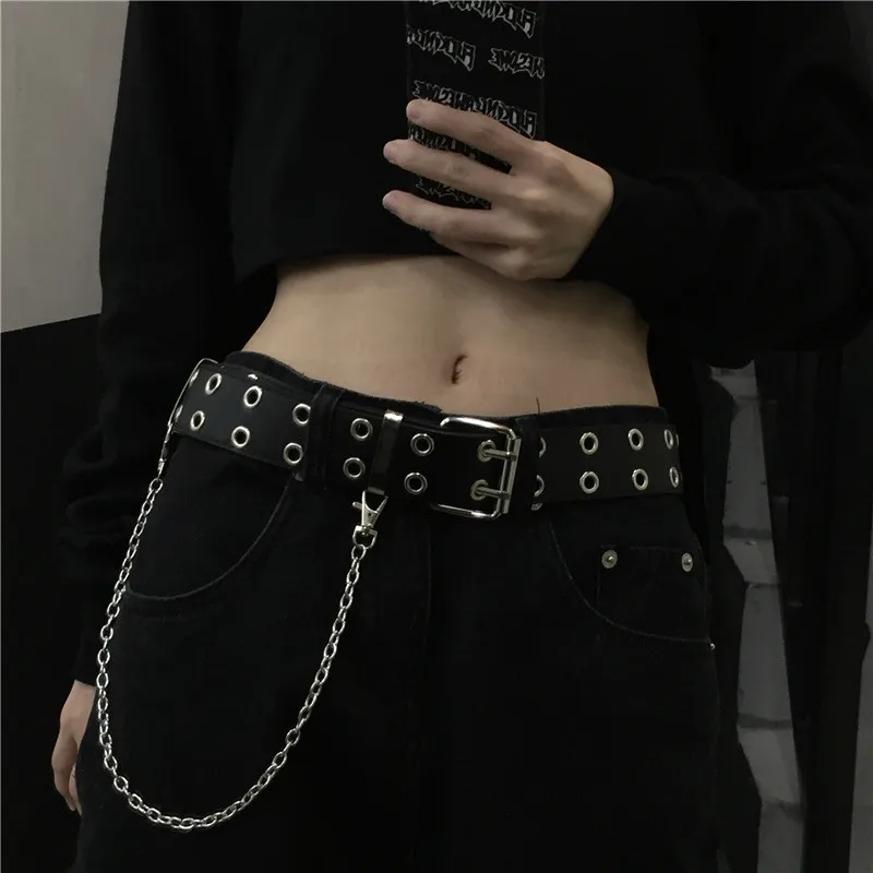 이불 Hip Hop Chain Tassel Belts Punk Studded Pin Buckle PU Belt Y2K Unisex Black Casual PU Jeans Pants Belt For Women Men