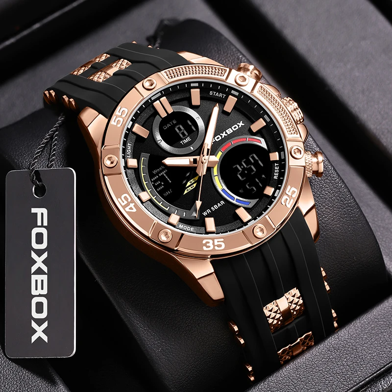 FOXBOX ساعة رجالي فاخرة LIGE ماركة موضة ساعات كوارتز رياضية للرجال مقاوم للماء LED ساعات المعصم الرقمية العسكرية Reloj Hombre