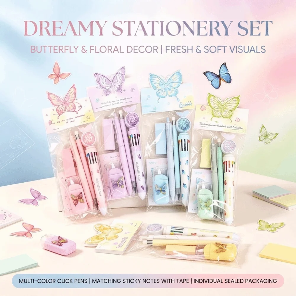 Retractable Gel Pens Butterfly Stationery Set Sticky Notes Correction Tape School Supplies Kit Everlasting Pencil Multi-Style
