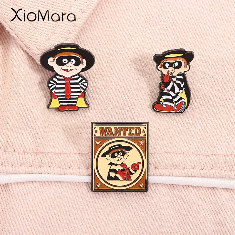 Cartoon Animierte Charaktere Burger Dieb Emaille Pin Gestreifte Gefängnis Uniform Mann Broschen Revers Abzeichen Schmuck Geschenke für Freunde