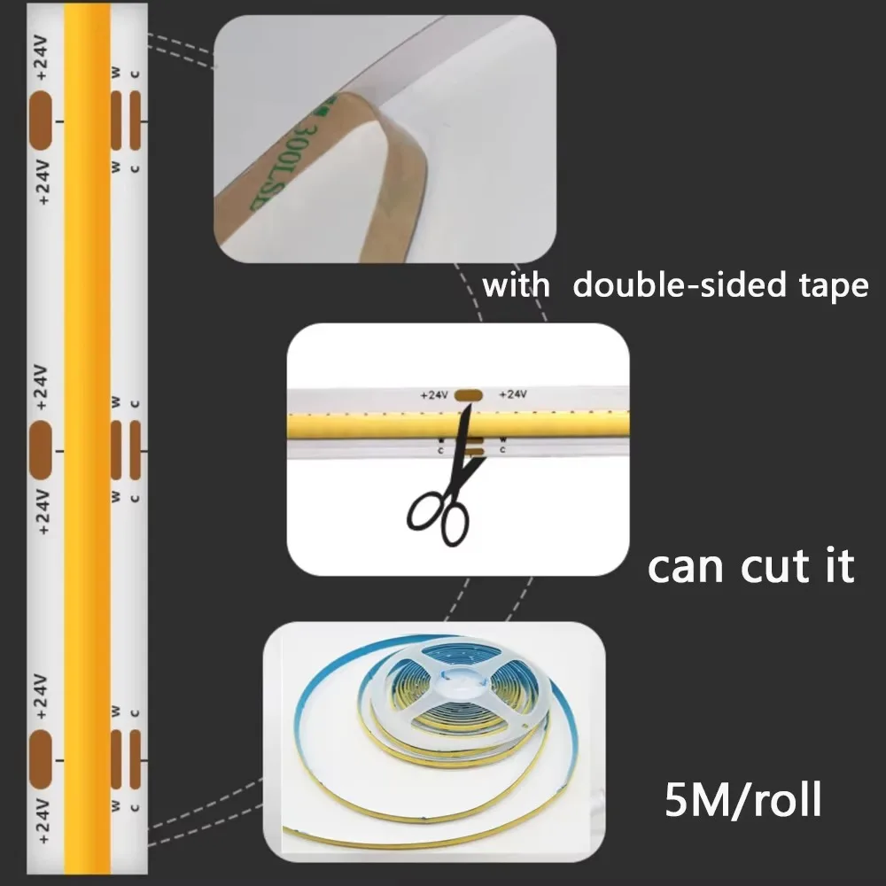 DC24V 1M-10M CCT COB FOB LED Strip Light 608LEDs/M Dimmable Flexible Ribbon 2700K-6500K Warm/White RA90 LED Tape Home Decor Lamp