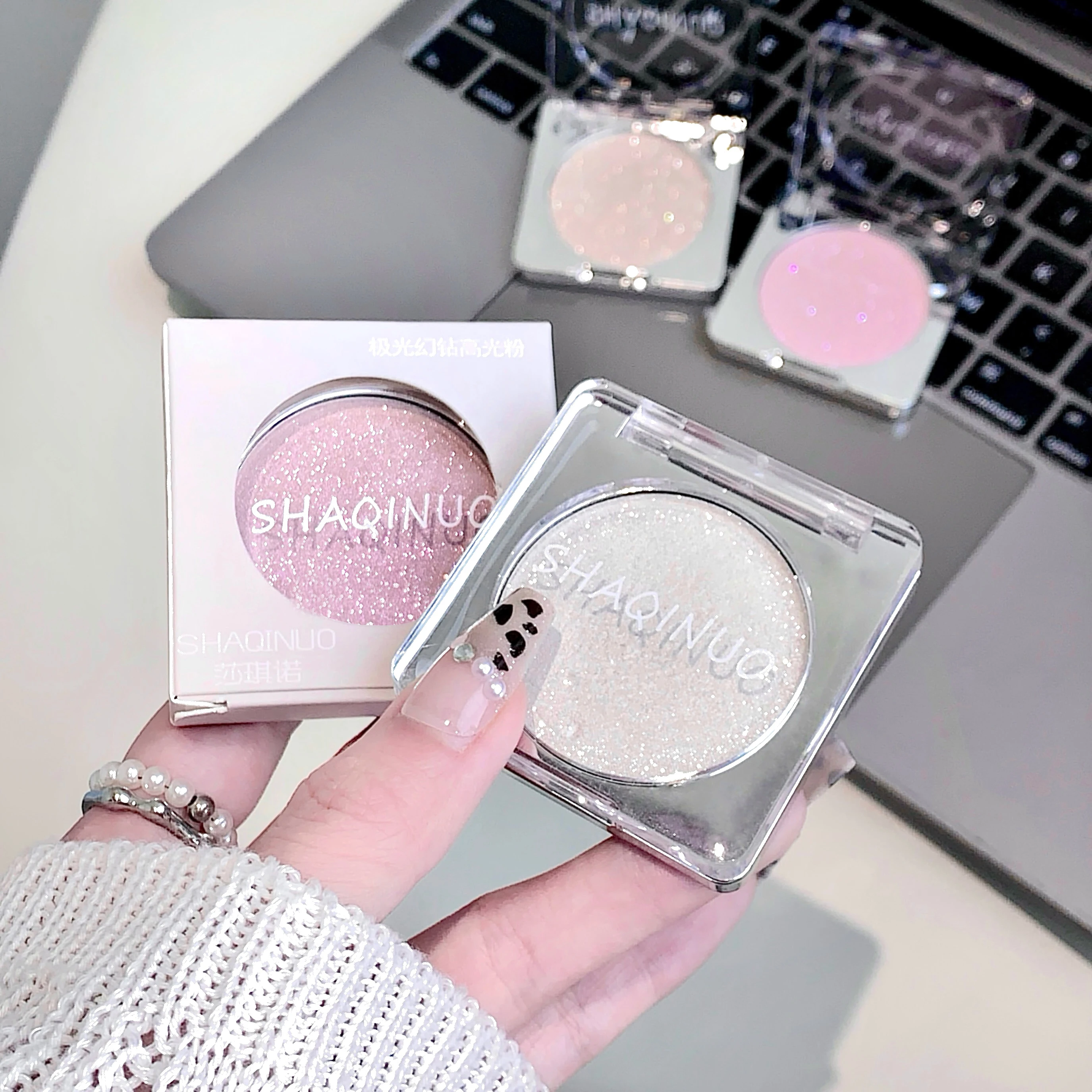 SHAQINUO Highlight Powder, Perfect Pearlescent Shimmer Palette สําหรับใบหน้า, ปากกาเน้นข้อความติดทนนาน, เนื้อนุ่มและเนียน