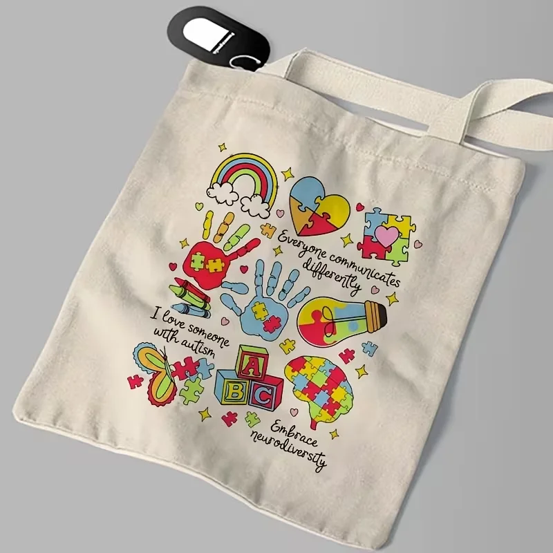 

Puzzle Rainbow Handprint Quote Print Canvas Tote Bag Reusable Shoulder Bag Education Teacher Gift Shopping Handbag For Women
