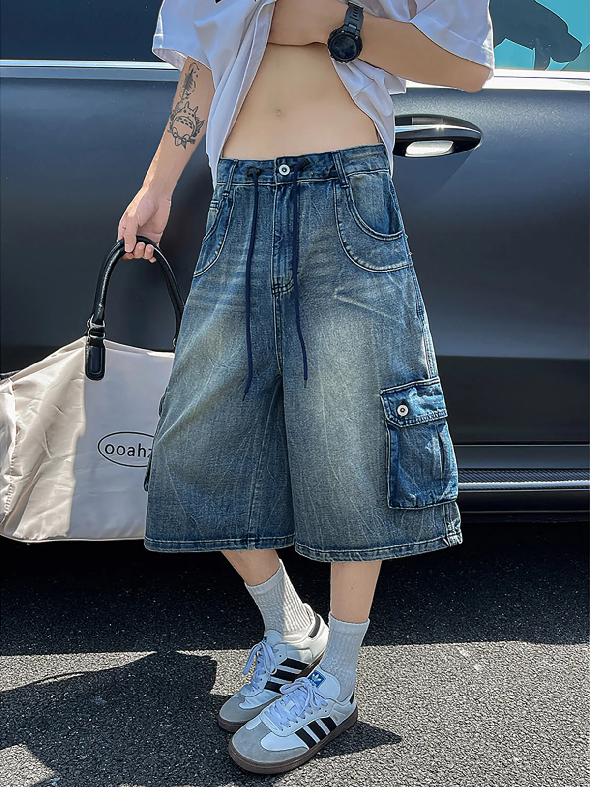 Heavyweight Street Style Distressed Denim Shorts Multi-Pocket Loose Fit Wide Leg Seven-Foot Jeans Casual Workwear Shorts