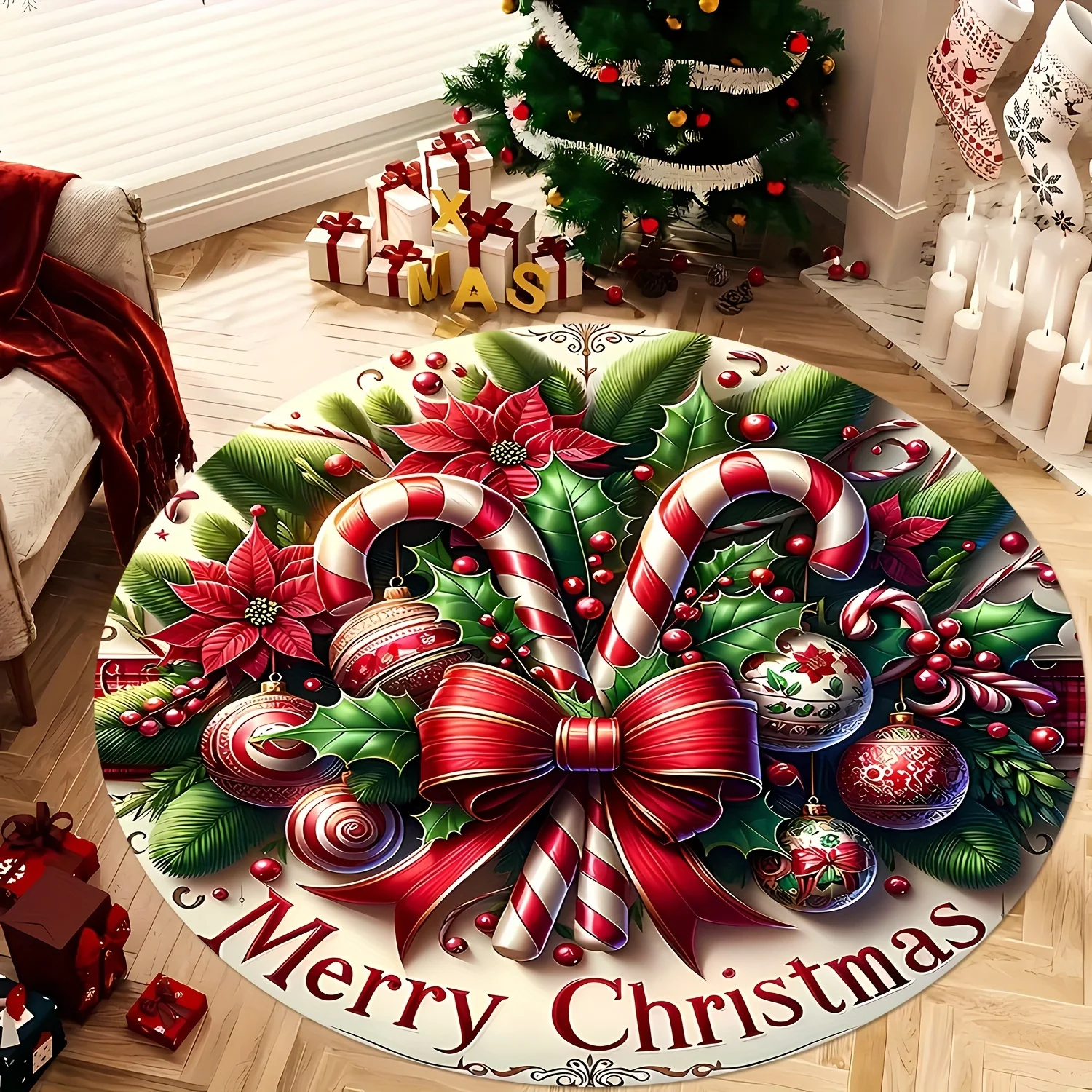 Merry Christmas Round Rug Candy Cane Poinsettia Holly Print Indoor Carpet Festive Home Decor for Bedroom Living Space