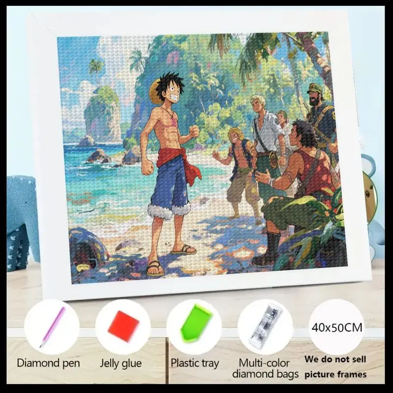 

One Piece Monkey D. Luffy & Straw Hat Pirates 5D DIY Набор алмазной живописи, тропический пляж, приключенческая сцена, полная круглая дрель Рейн