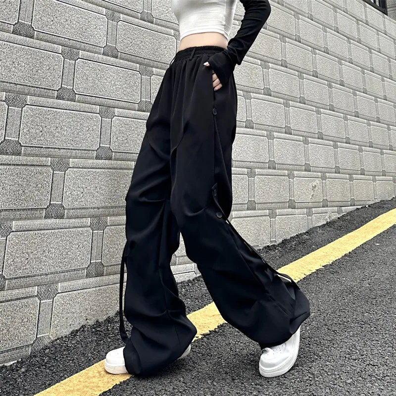 Streetwear Cargo Pants Women 2023 New Design High Waist Elastic Pleated Straight Hip Hop Black Pants Baggy Trousers