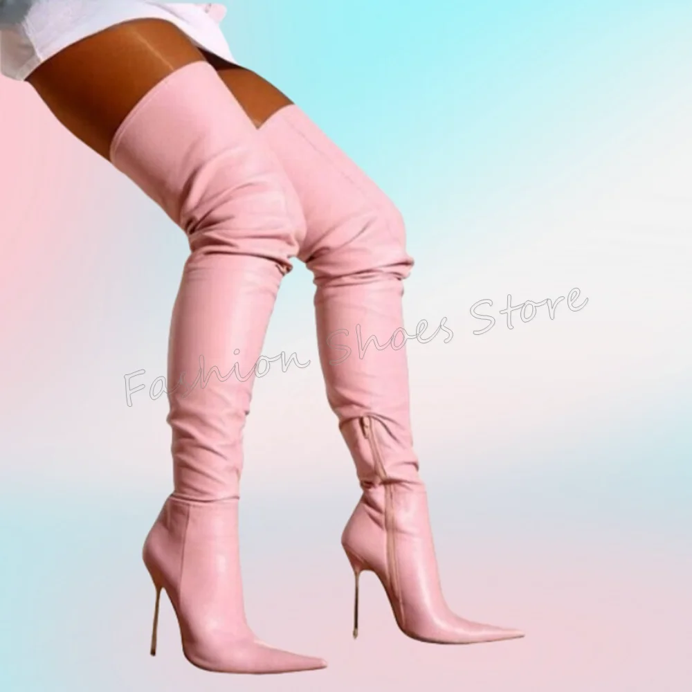 

Pink Side Zipper Pointed Toe Boots Over the Knee Thin High Heels High Heel Shoes for Women Heels 2025 New Zapatos Para Mujere