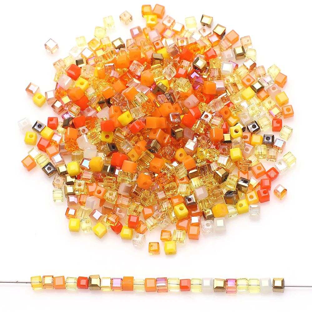 3/4/6mm Czech Glass Square Beads Orange AB Mixed Crystal Faceted Cube Loose Beads For DIY Making Charm Jewelry Accessories