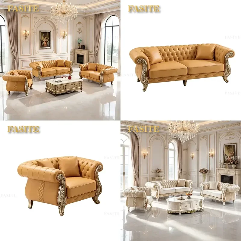 For European Style Living Room Royal Classic Gold Luxury Solid Wood Carved Antique Fabric Sectional Sofa Set