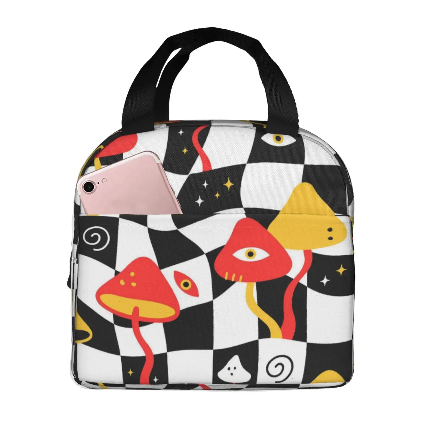 Trippy Mushroom Black White Checkered Print Lunch Bag Portable Thermal Cooler Insulated Bento Box for Kids Food Tote Bags