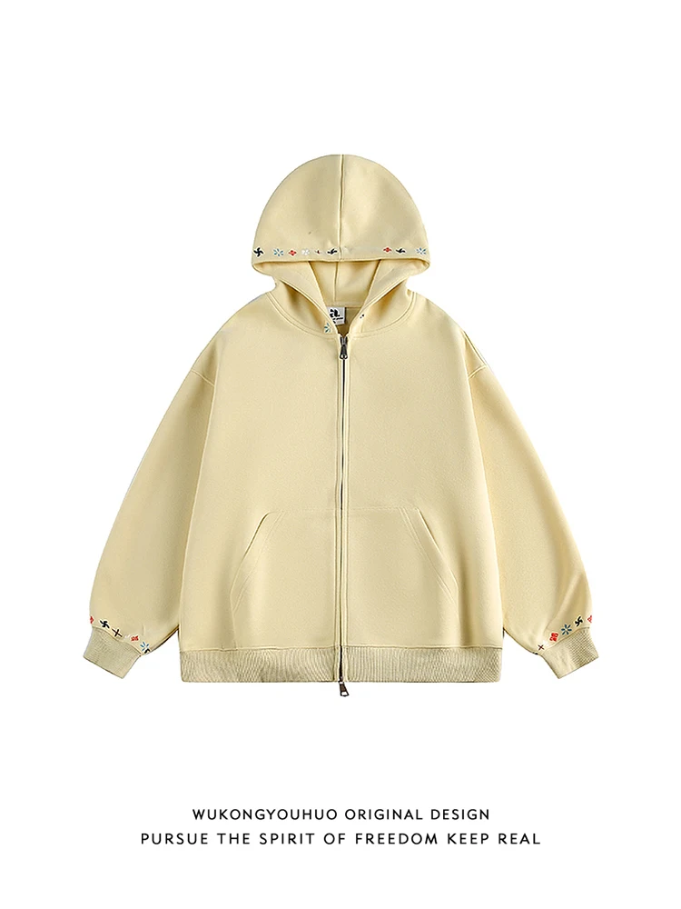 

Мужская свободная толстовка-кардиган с капюшоном и вышивкой, осень 2025, повседневный стиль, американский тренд, для пар, молодежная мода