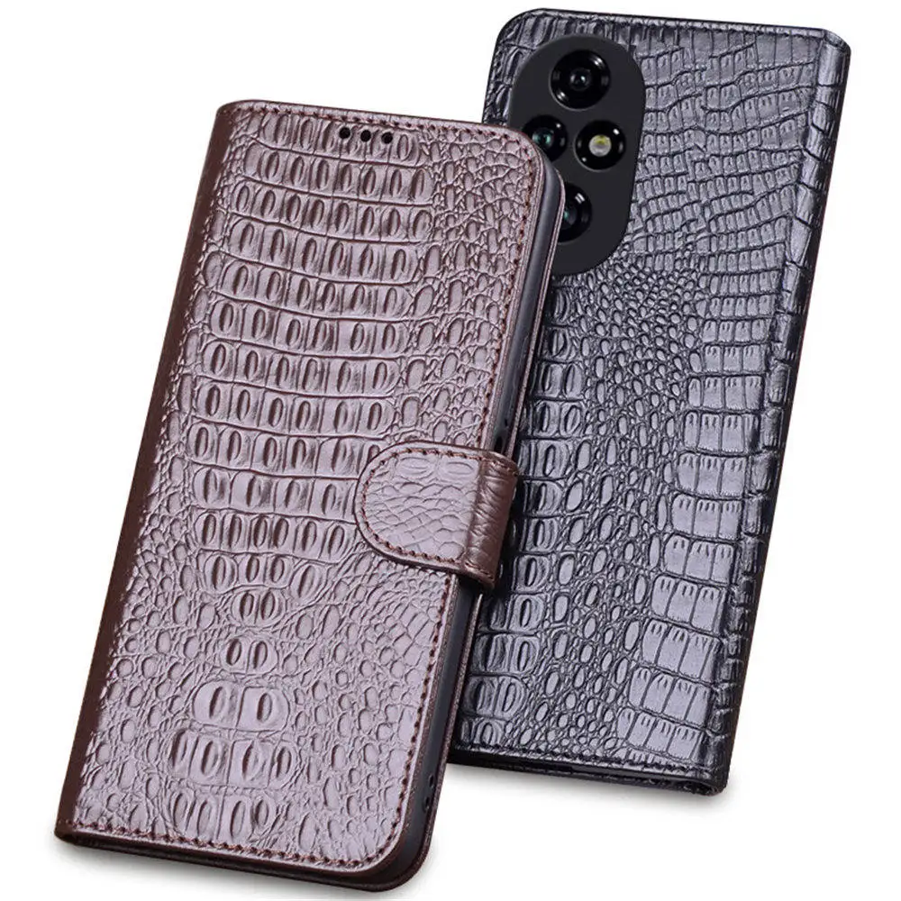 Genuine Cowhide Leather Crocodile Case For Honor 200 Pro 200 Magnetic Buckle Cover