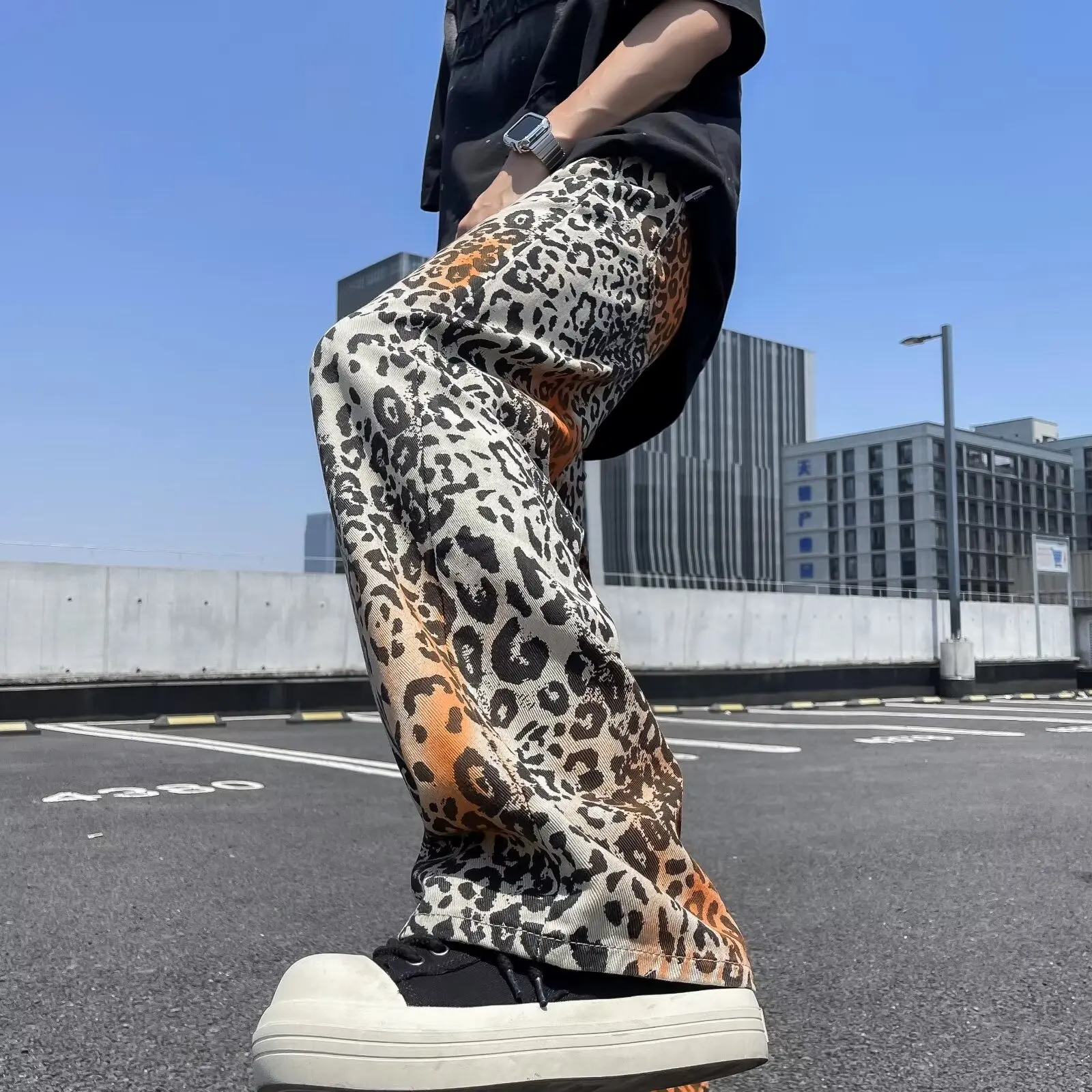 Retro Leopard Print High Street Straight Leg Jeans For Men and Women Loose Fitting European and American Trend Casual Pants y2k