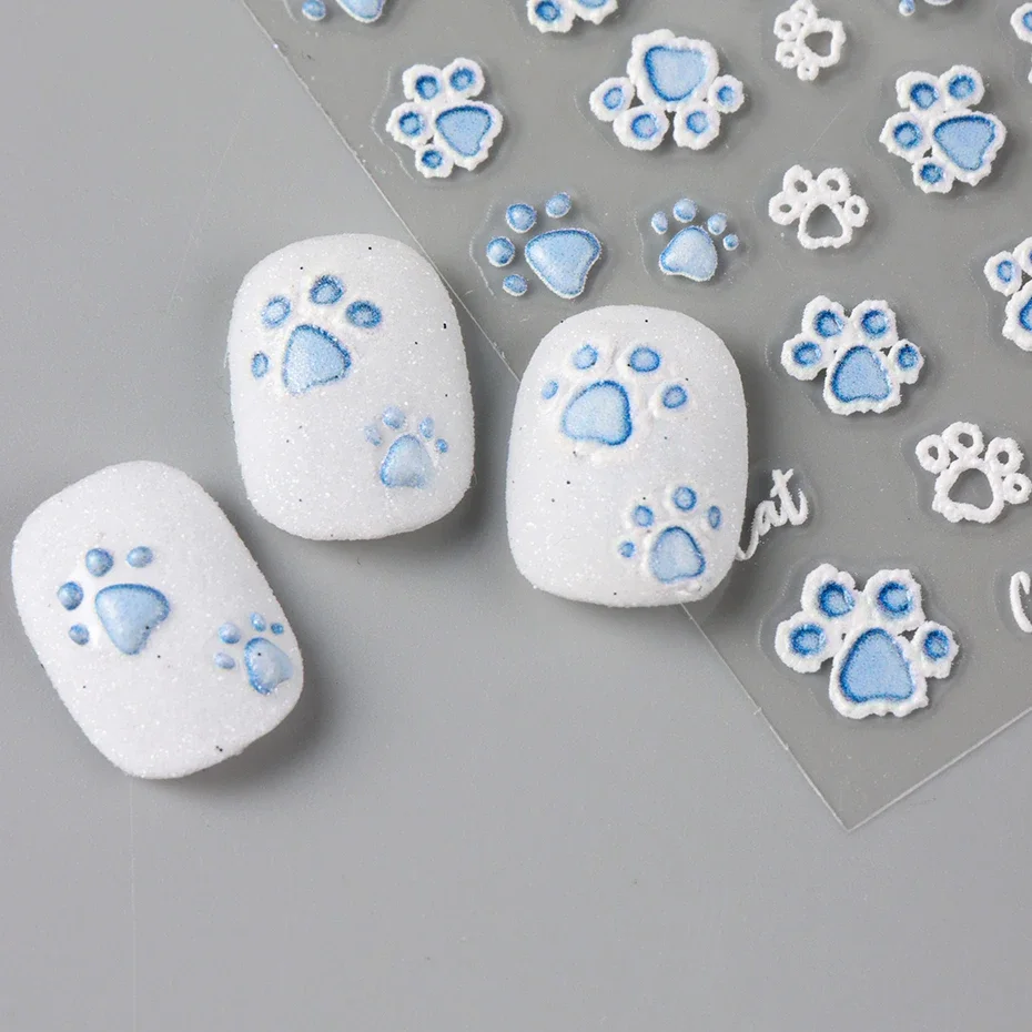 2pcs Cute Blue White Cat Footprints Nail Art Sticker Cartoon DIY Self-Adhesive Decals Sliders Decorations Manicure Accessories 3