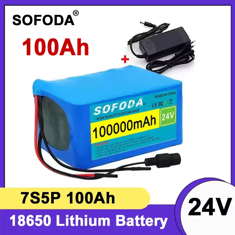 7S5P 18650 Lithium Battery Pack 24V 100Ah 15A BMS 500W 29.4V 100000mAh for Wheelchair Electric Vehicle Plus 2A Charger