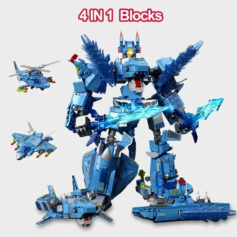 4IN1 Combined Transforming Mecha Robot Building Blocks DIY Toys For Boys Gifts Creative Warrior Helicopter Model Bricks