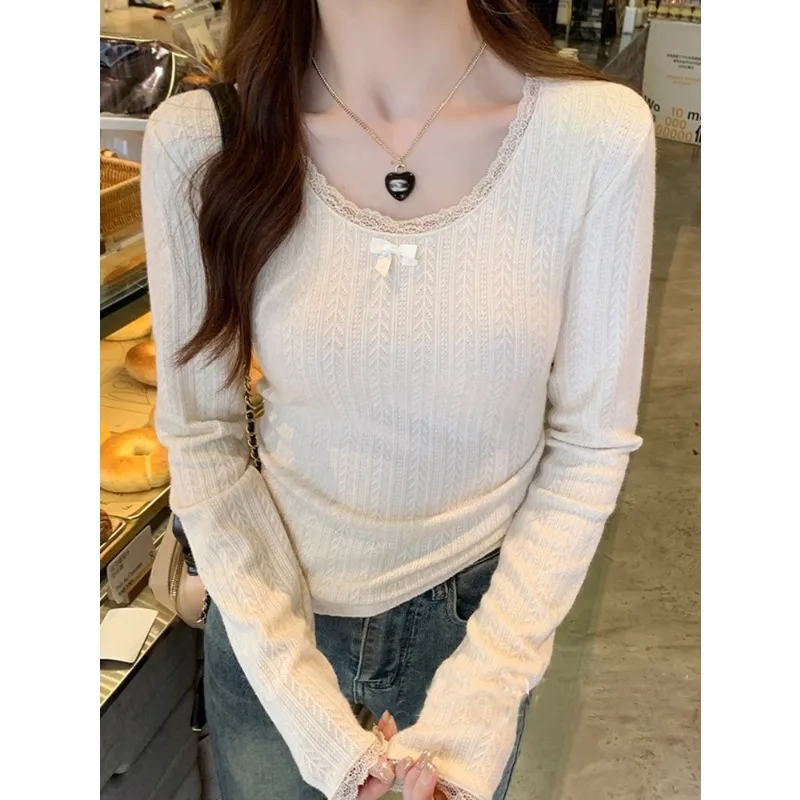 가을용 귀여운 니트 풀오버 스웨터 여성용 단색 패션 레이스 O넥 긴팔 슬림 여성 상의