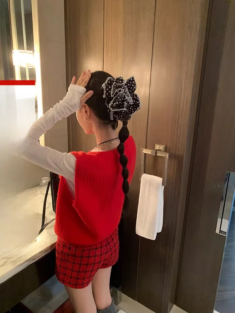 

Красный женский жилет из шерстяной смеси с эффектом шелка, модный, стройнящий, осенний, незаменимый, удобный, с круглым вырезом, верхняя одежда