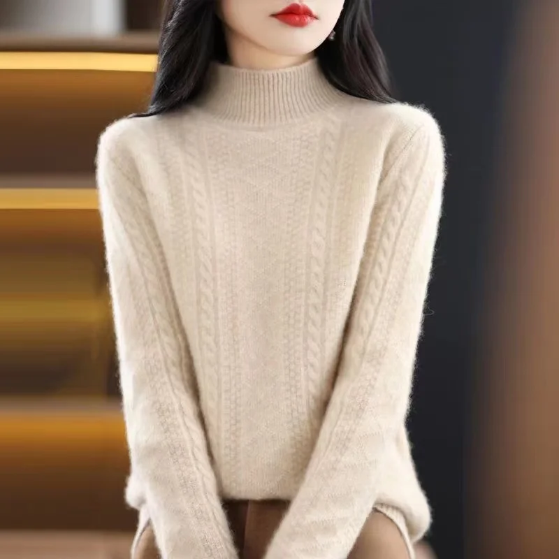 

Winter New Jacquard Cashmere Sweater Women's Knitted Bottom Shirt Plus Size Loose Semi-high Collar Wool Thickened and Warm