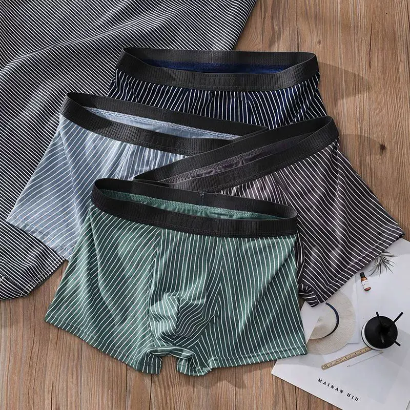 الرجال مخطط الملابس الداخلية القطن الجلد ودية تنفس امتصاص العرق جذوع مريحة منتصف الارتفاع القضيب الحقيبة الرياضة سراويل بوكسر