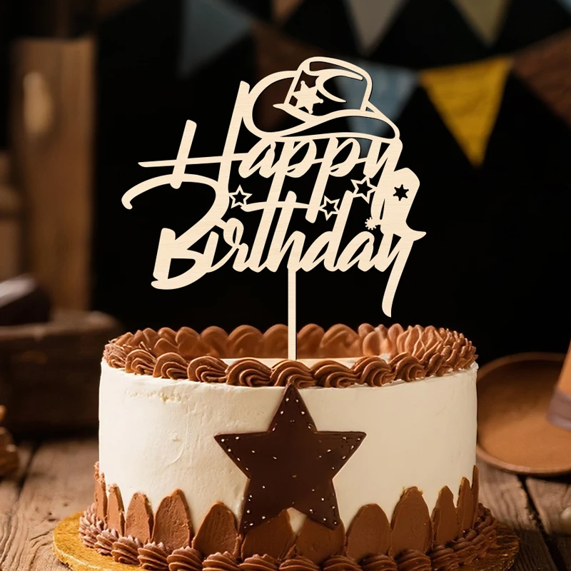 YOMDID Tortenaufsatz „Alles Gute zum Geburtstag“, westliches Thema, Tortenaufsatz aus Holz, Kuchendekoration, Zubehör, Geburtstagsparty-Kuchendekorationen