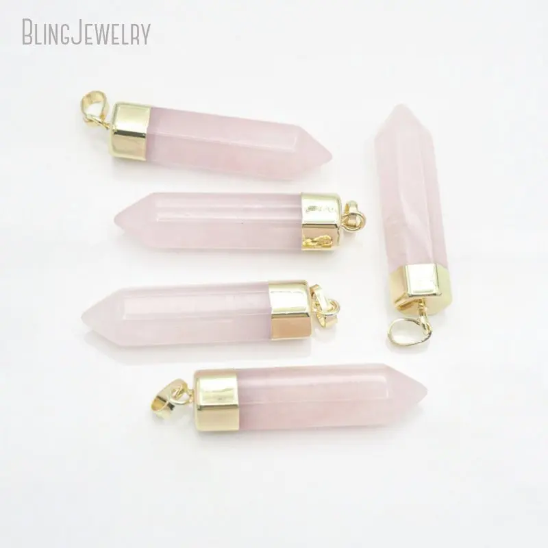 Pink Stone Mineral  Dipped Heart Chakra Self Love Crystal Point Rose Quartzs Hexagon Necklace Pendant for Women
