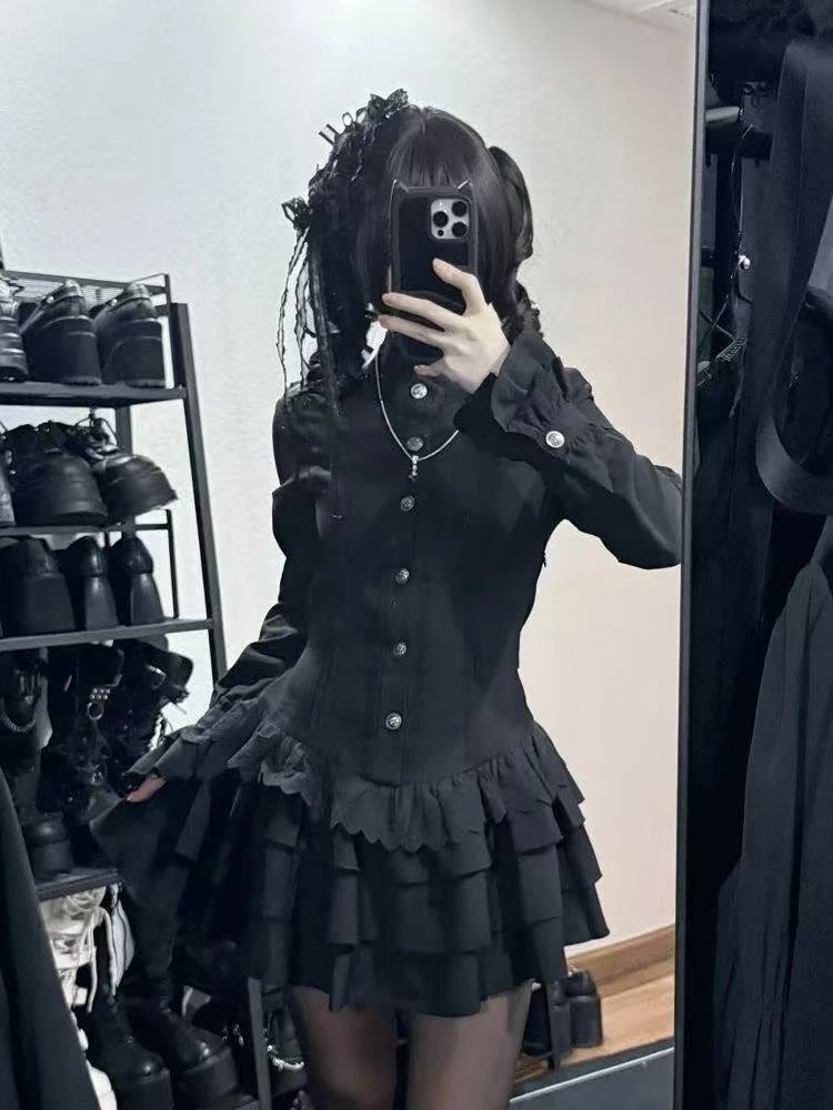 Gothic Vintage Kant Y2k Mini Jurk Vrouwen Ontwerp Streetwear Zwarte Lolita Slanke Jurk Lange Mouw Elegante Jurk Pittige Meisjes