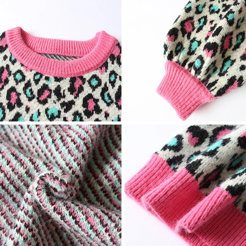 Women Leopard Pullover Knitted Sweater Harajuku Aesthetic Y2k Large Size Long Sleeves Sweaters Fashion Vintage 2000s Clothes