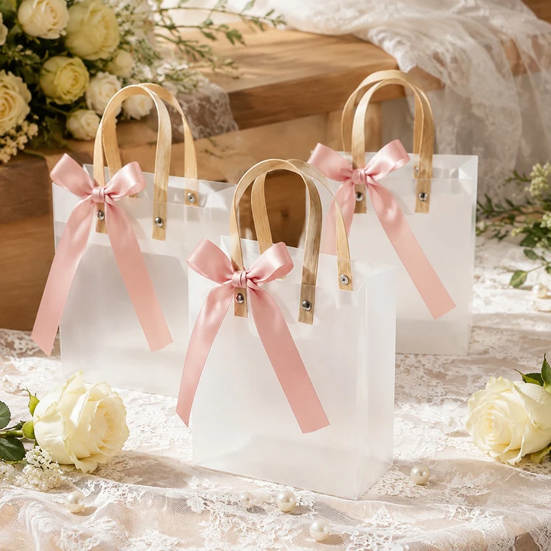 6/12PCS Frosted Plastic Handbag Pink Green Bow Fresh Tote Bags Reusable Carrier Shopping Bag Wedding Birthday Party Boutique ZYF