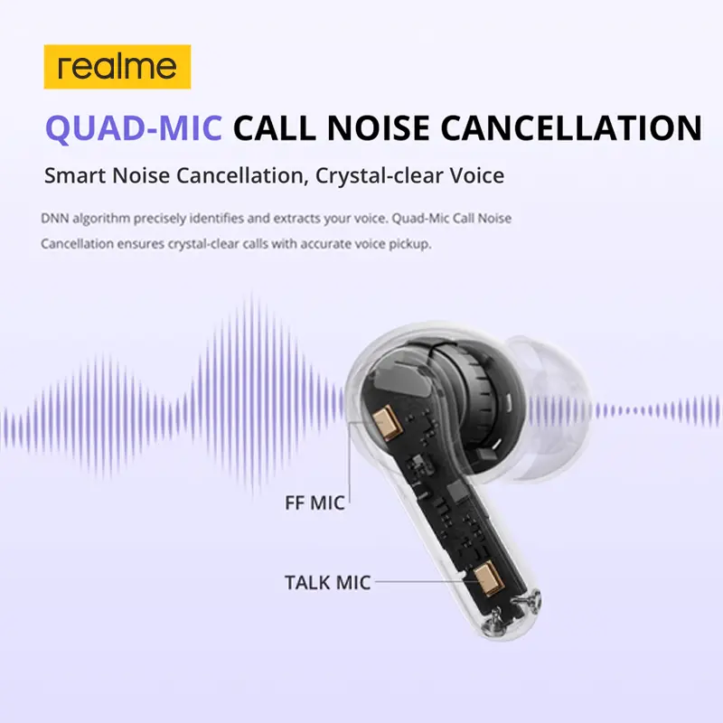 سماعات أذن realme Buds T200 TWS بمحرك باس ديناميكي 12.4mm إلغاء ضوضاء 32dB عمر تشغيل حتى 50 ساعة مقاومة للماء والغبار IP55 بلوتوث 5.4 - 5