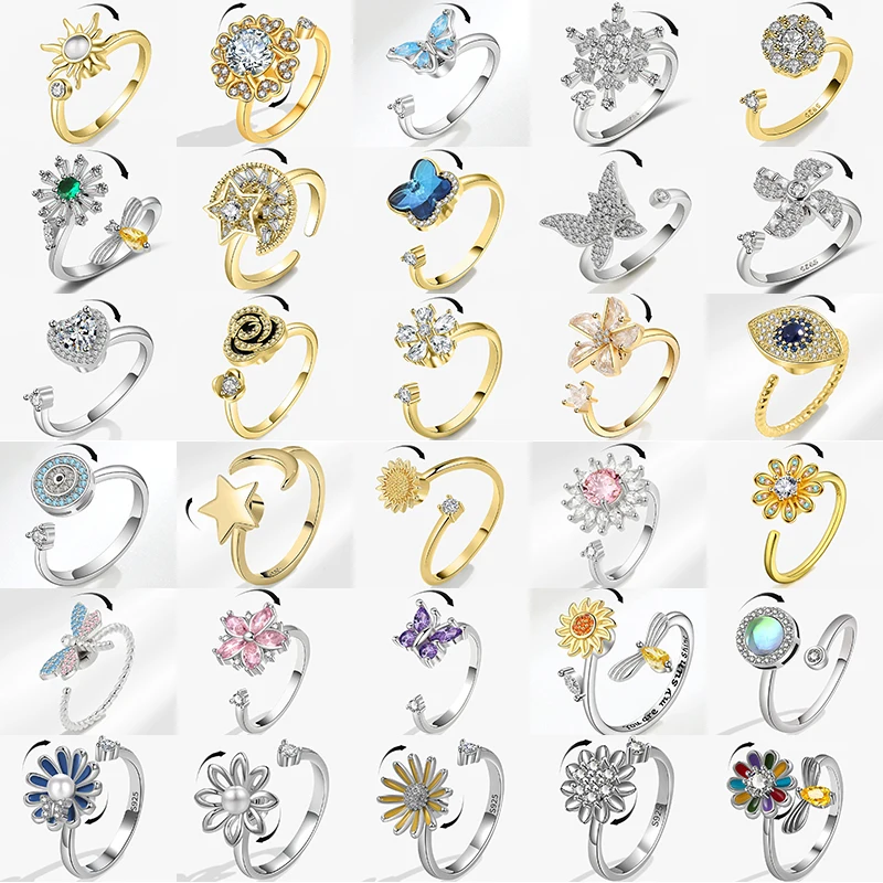 SMJEL Flower Shiny Rhinestone Rotatable Fidget Spinner Ring for Women Anti Anxiety Butterfly Animal Design Anti Stress Accessory