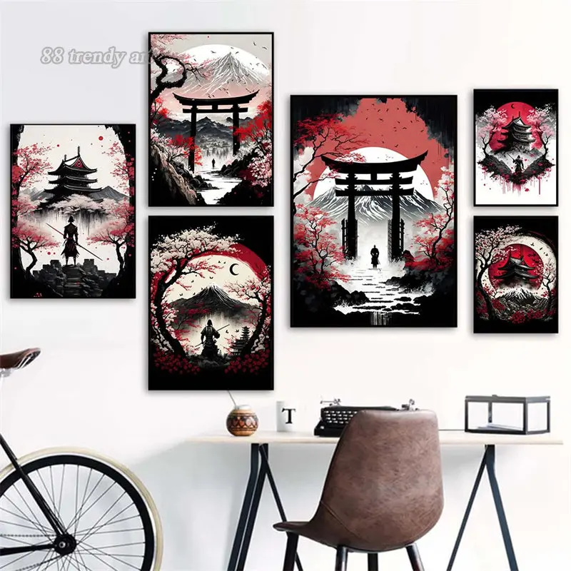 Toile de peinture abstraite avec paysage japonais, affiches d'art murales pour décoration de maison