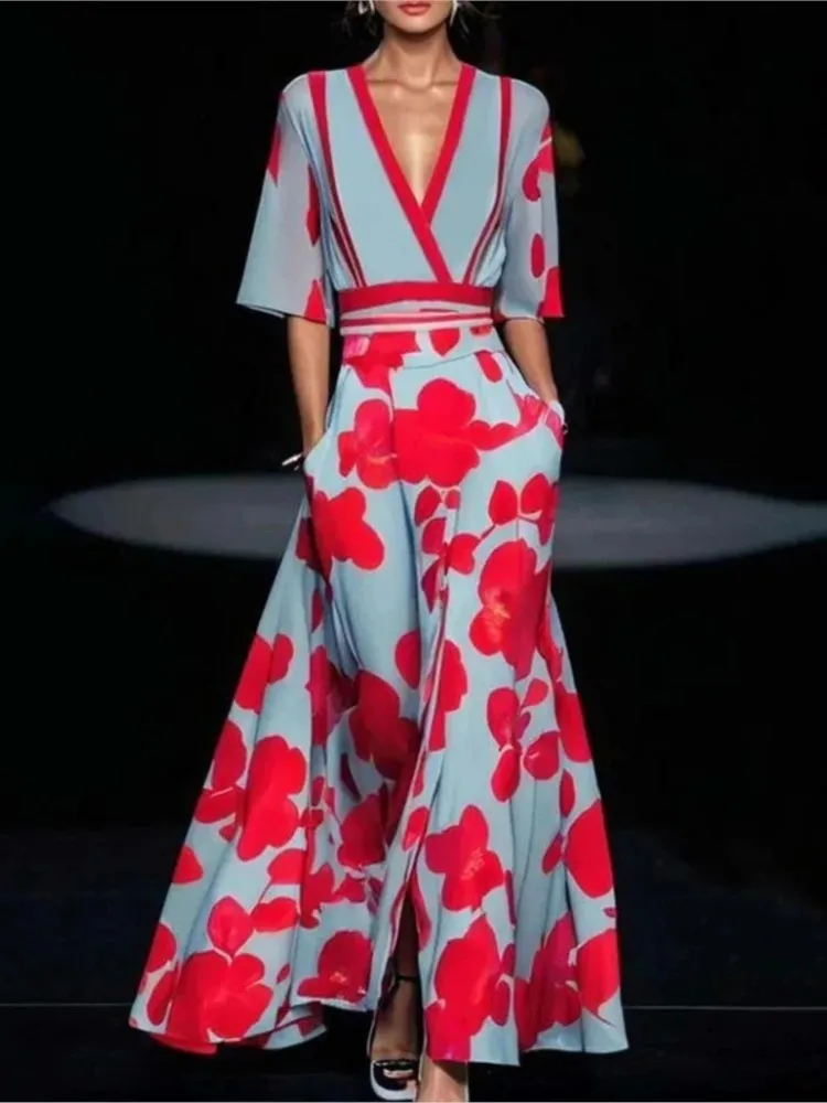 لطيفة المرأة 2025 الربيع الخامس الرقبة مربوط حفلة فستان طويل مثير الطباعة ألف خط بوهو فستان الصيف قصيرة الأكمام جيب ماكسي فساتين